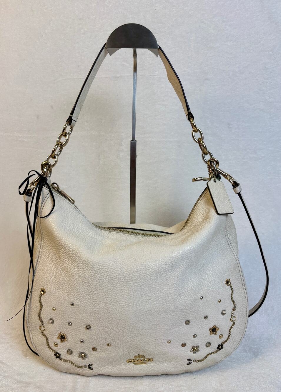 Authentic Coach Cream Leather Stardust Crystal Rivet Elle Hobo Shoulder Bag